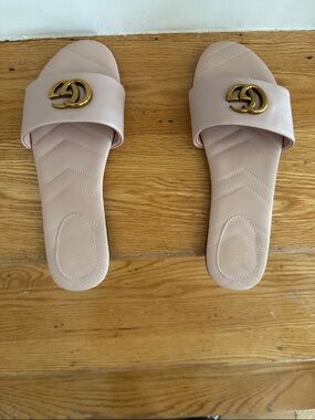 Designer-Inspired Nude Pink Leather Slide Sandals with Gold Double G Accent